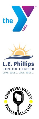 The YMCA logo and L.E. Phillips logo and Chippewa Valley Pickleball Club