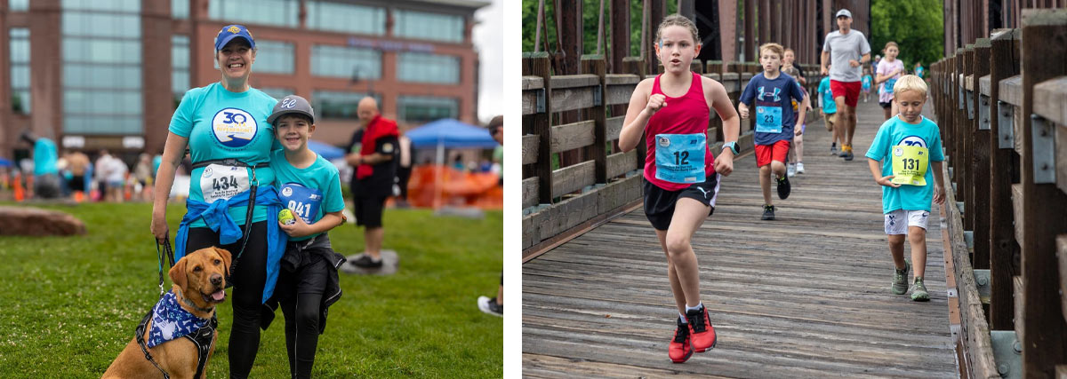 Photos from the event of runners with their dog and kids on bridge