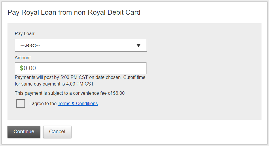 Pay Royal Loan from non-Royal Debit Card screen shot